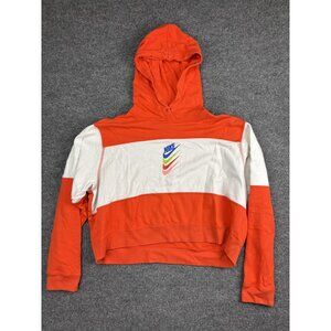 Nike Hoodie Womens XL Orange White Colorblock Cropped Stacked Swoosh Pullover